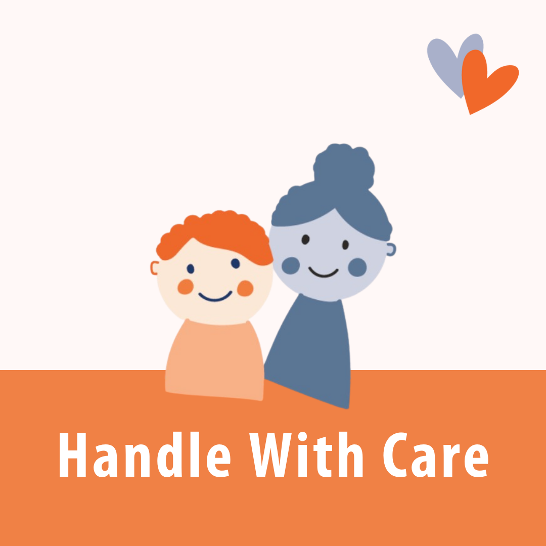 A cartoon of two people under a sign that reads "Handle With Care"